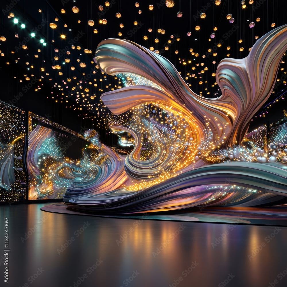 Poster abstract modern art installation showcasing vibrant colors and intricate light patterns, creating a 