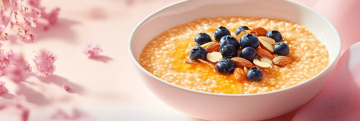 Fototapeta premium Healthy Millet Porridge with Blueberries, Almonds, and Honey in a White Ceramic Bowl