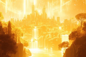 A sprawling golden city surrounded by a luminous halo, with radiant trees and cascading waterfalls blending seamlessly with glowing architecture, crafted through AI 