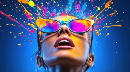 Vibrant Portrait of a Woman with Colorful Paint Splashing on Sunglasses Against a Blue Background