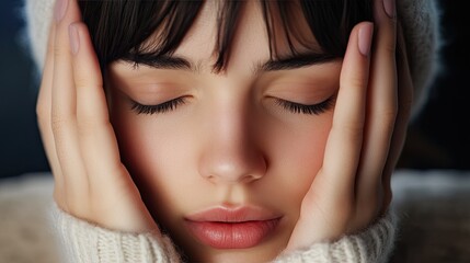 Naklejka premium Peaceful Portrait of a Young Woman with Closed Eyes and Hands on Face in Cozy Knit Sweater