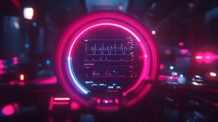 Futuristic pink and blue digital display showing heart rate monitor graph.