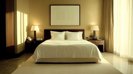 Elegant hotel bedroom with soft lighting and cozy ambiance