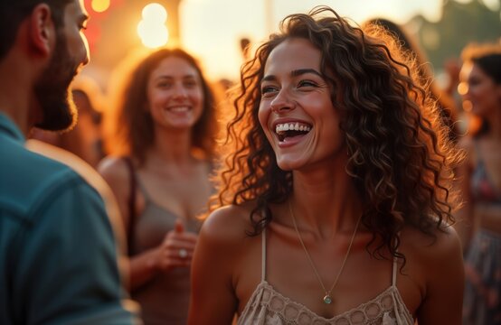 Happy people enjoy music and dance at outdoor event. Social gathering filled with joy and laughter. Group of friends and couples celebrate. Vibrant scene in the evening light.