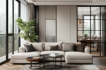 A living room with a couch, coffee table, and potted plant