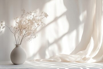 Serene minimalist still life featuring dried flowers in a ceramic vase, bathed in sunlight against a white fabric backdrop.