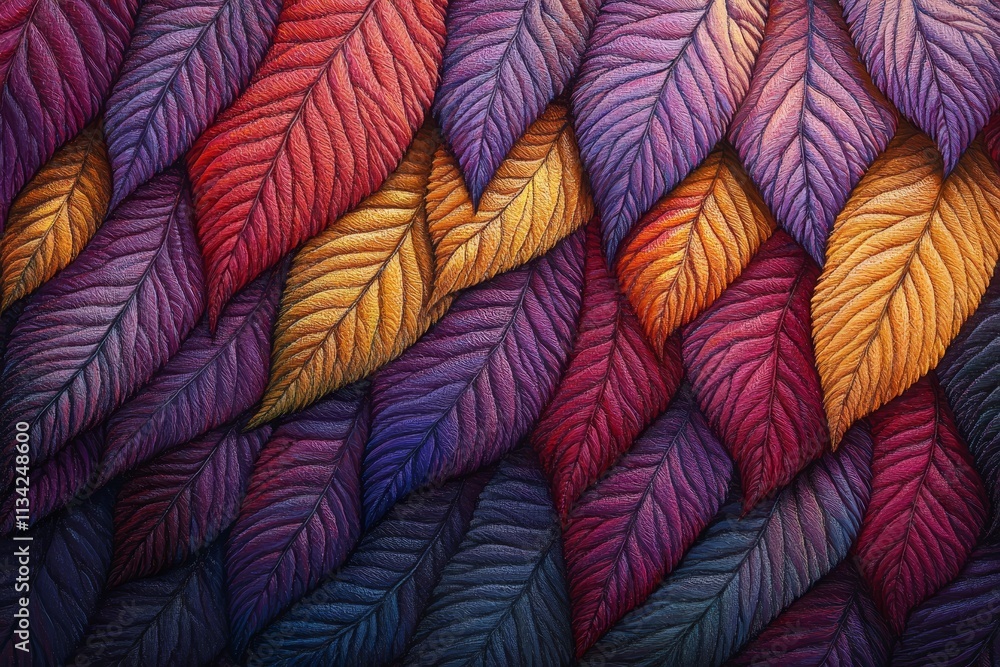 Poster vivid and textured leaves in gradient colors of purple, red, and orange creating an intricate patter