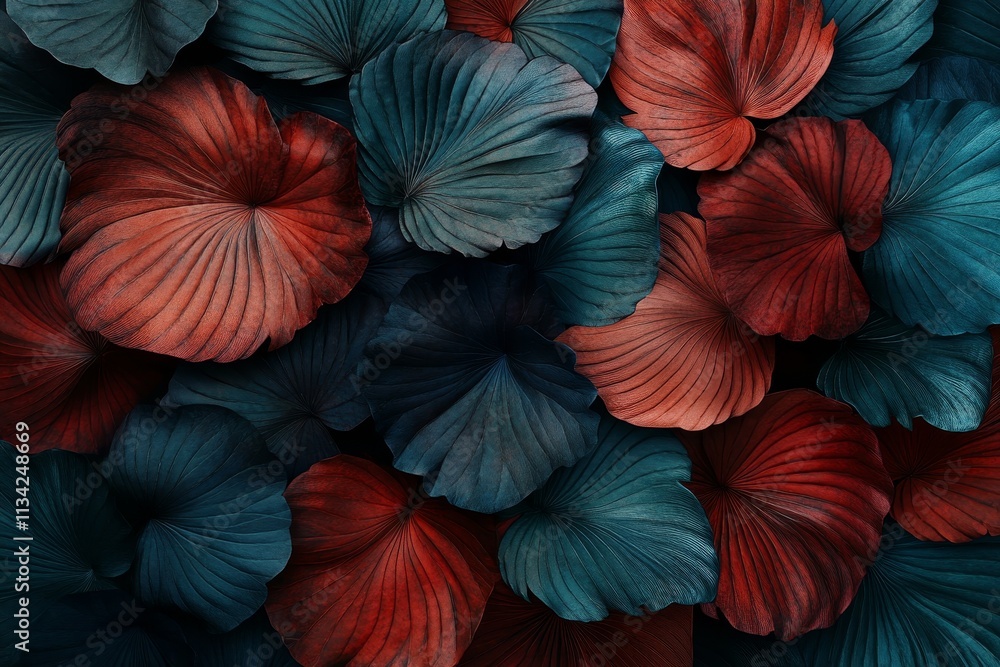 Poster vivid textured leaves in shades of blue and red creating a stunning natural pattern for creative des