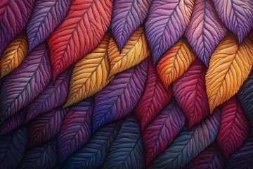 Vivid and Textured Leaves in Gradient Colors of Purple, Red, and Orange Creating an Intricate Pattern for Background and Design Use