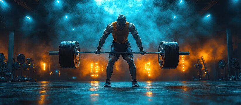 Muscular man deadlifting heavy barbell in gym. (1)