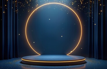Dark blue stage design for awards ceremony. Golden spotlight lines, glitter create premium elegant backdrop. Realistic 3D abstract glamour. Great for product presentation awards show visuals. Modern