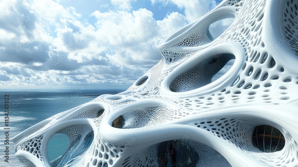 Poster a futuristic fractal building with repeating spirals and curves, mimicking the natural patterns foun