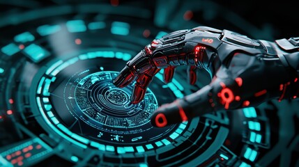 Fototapeta premium A futuristic robotic hand interacts with a glowing digital interface, showcasing advanced technology and intricate designs.