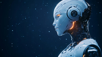 Fototapeta premium Futuristic robotic head with intricate details showcasing advanced technology in a dark, atmospheric background