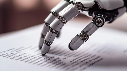 Close-Up of a Robotic Hand Interacting with Printed Document Text in a Modern Office Setting