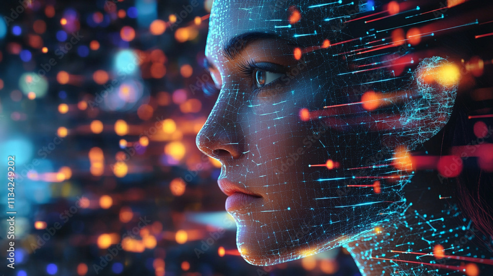 Poster futuristic portrait of a woman with digital effects and colorful data streams representing technolog