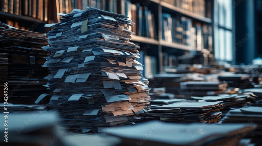 Poster disorganized piles of paperwork amidst bookshelf in a dimly lit library setting