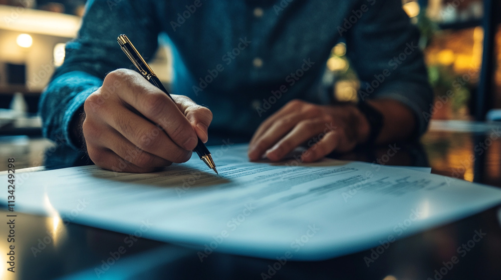 Poster close-up of a person signing documents with a pen in a modern office setting with blurred background