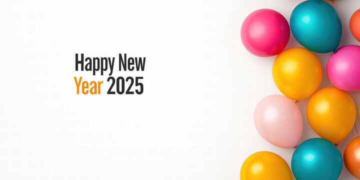 Colorful balloons and "Happy New Year 2025" text create a festive vibe for celebrating the upcoming year.