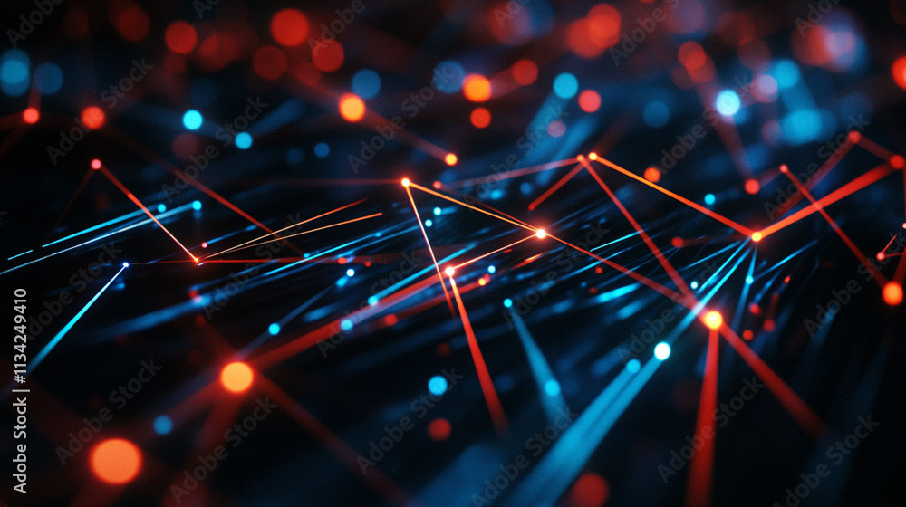 Poster abstract colorful background with glowing lines and dots in blue and red shades for technology desig