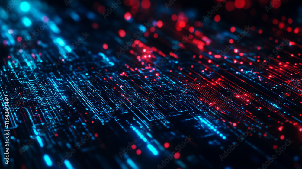 Poster abstract digital background with bright glowing lines and particles in red and blue colors over dark