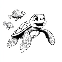 Fototapeta premium Playful Cartoon Sea Turtle and Fish Illustration in Black and White Line Art Style