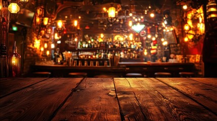 Warm and Inviting Bar Interior with Wooden Counter and Ambient Lights