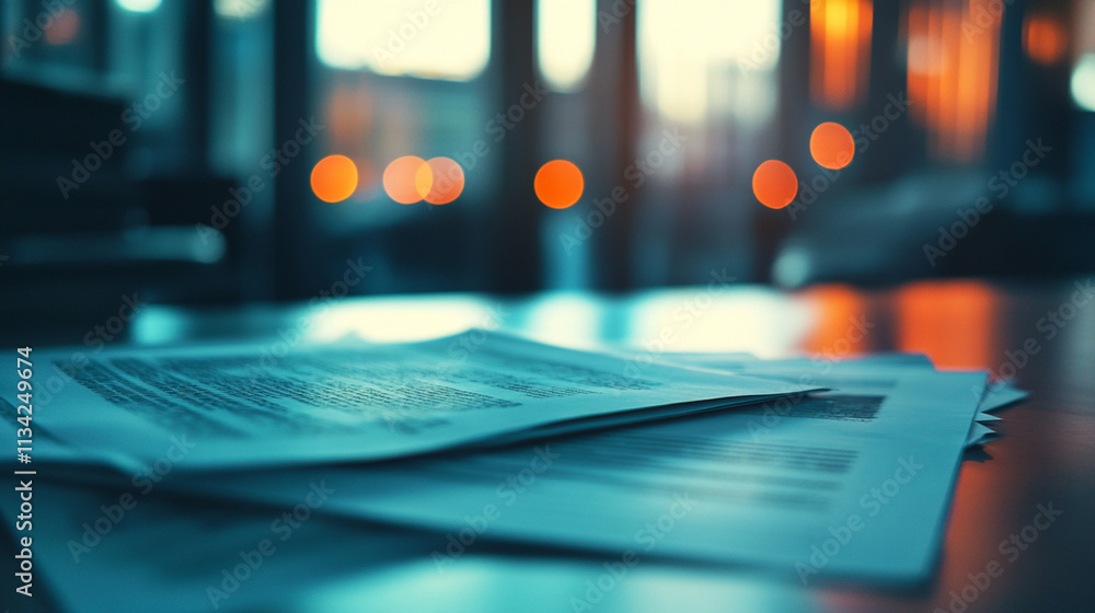 Poster soft focus of papers on table with blurred lights in background, creating a calm work environment