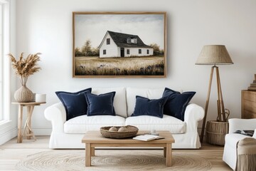 A white couch with blue pillows sits in front of a framed painting of a house