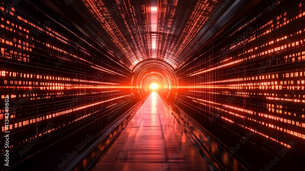 Aufkleber futuristic red tunnel with glowing digital data streams and bright light at the end.
