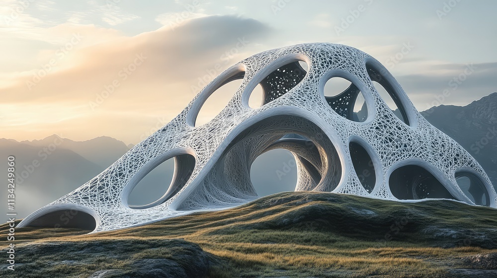 Poster a futuristic fractal dome structure with an organic, flowing design, mimicking the repeating pattern