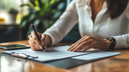 Professional woman writing document with pen on desk surrounded by greenery and smartphone in bright office