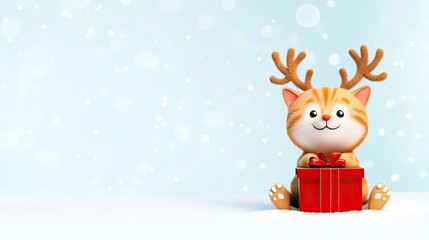 Cute Cartoon Cat with Reindeer Antlers Holding a Red Gift Box on a Snowy Background with Bokeh Lights