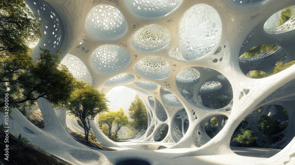 Poster a futuristic fractal dome structure with an organic, flowing design, mimicking the repeating pattern
