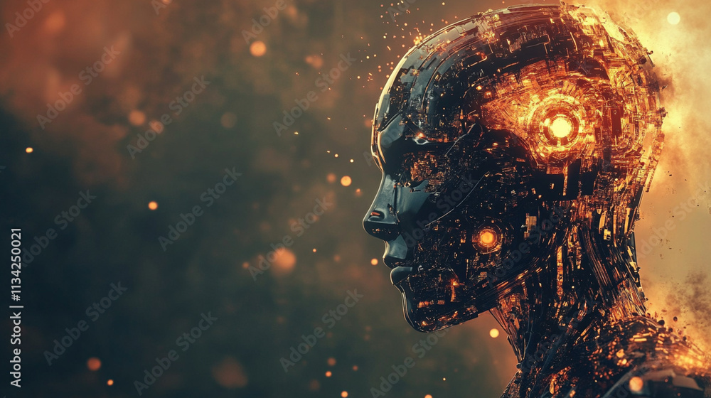 Poster futuristic robot head with intricate technology and glowing elements against a dark background