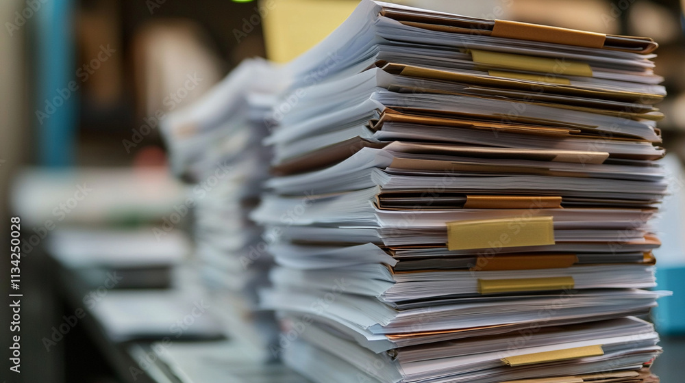 Poster piled documents and stacked paper files on office desk in busy workspace environment