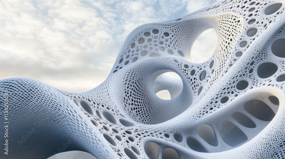 Aufkleber a futuristic fractal building with repeating spirals and curves, mimicking the natural patterns foun