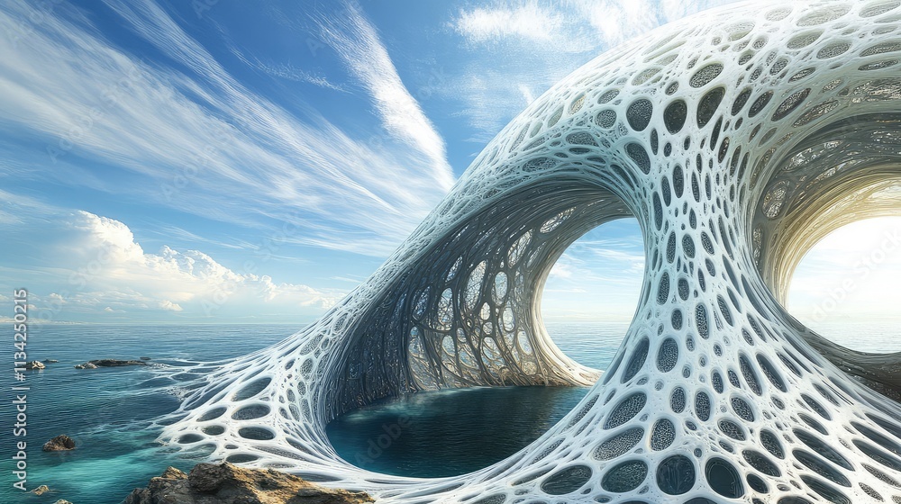 Poster a futuristic fractal dome structure with an organic, flowing design, mimicking the repeating pattern