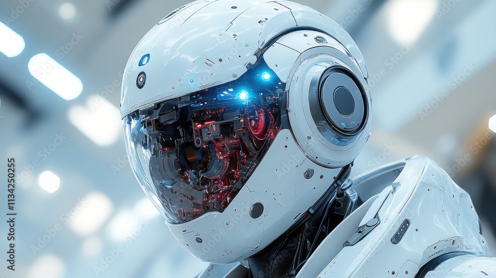 Poster a futuristic robot head with a sleek design and illuminated features.
