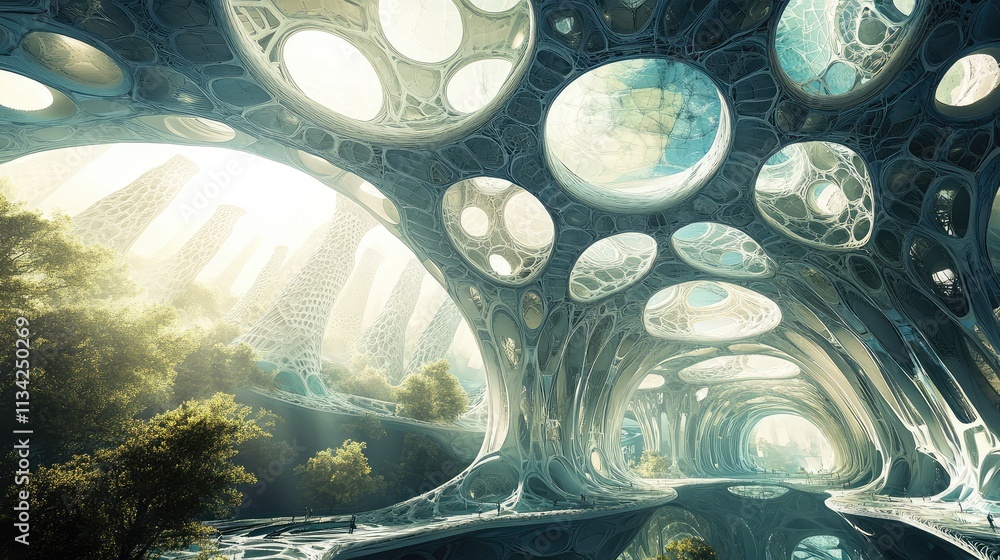 Poster a futuristic fractal dome structure with an organic, flowing design, mimicking the repeating pattern