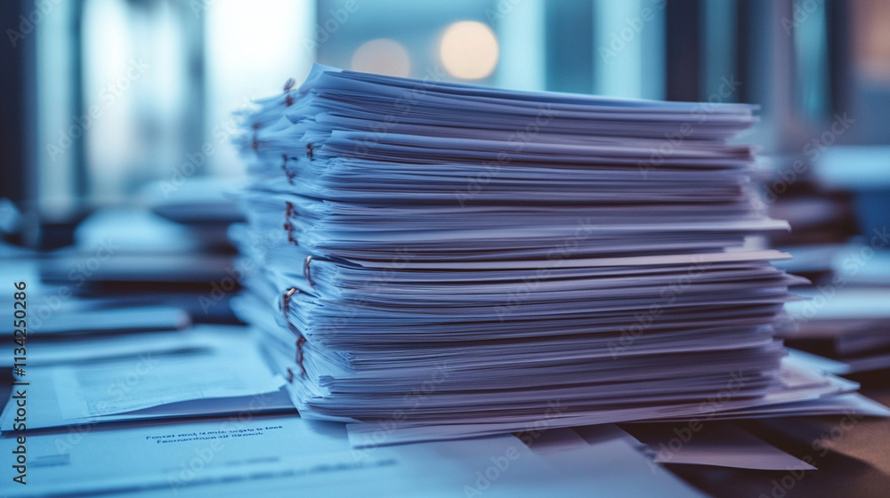 Poster stacked documents and papers in a soft focus office environment with warm light background and blue 