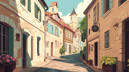 Obraz premium Transport yourself to a charming European village with this old-town illustration. The artwork showcases traditional architecture and narrow streets in a picturesque setting.