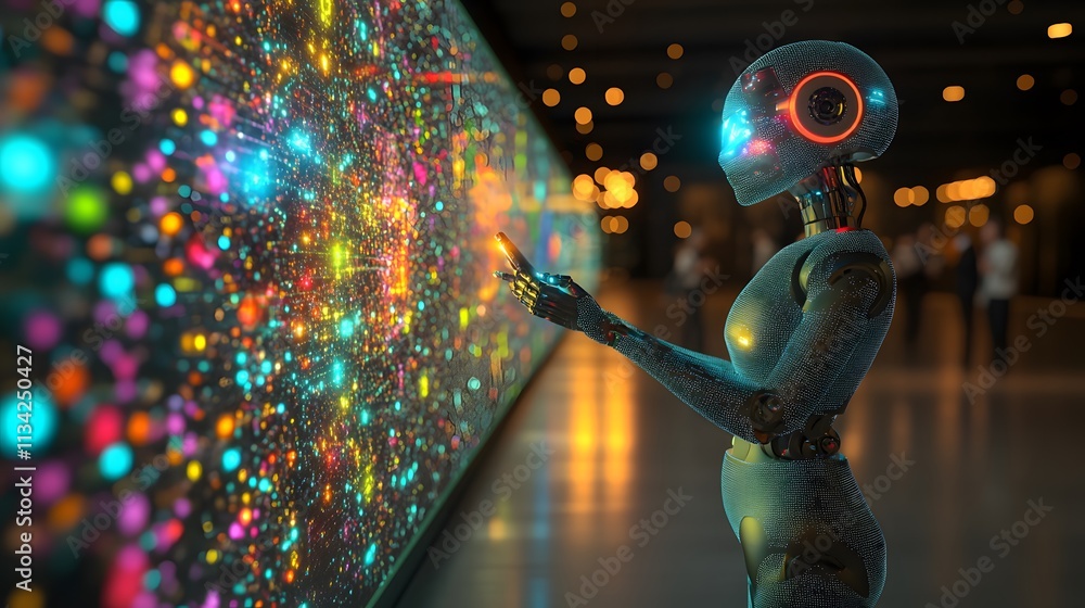 Poster futuristic robot interacts with a large, vibrant digital display in a modern setting.