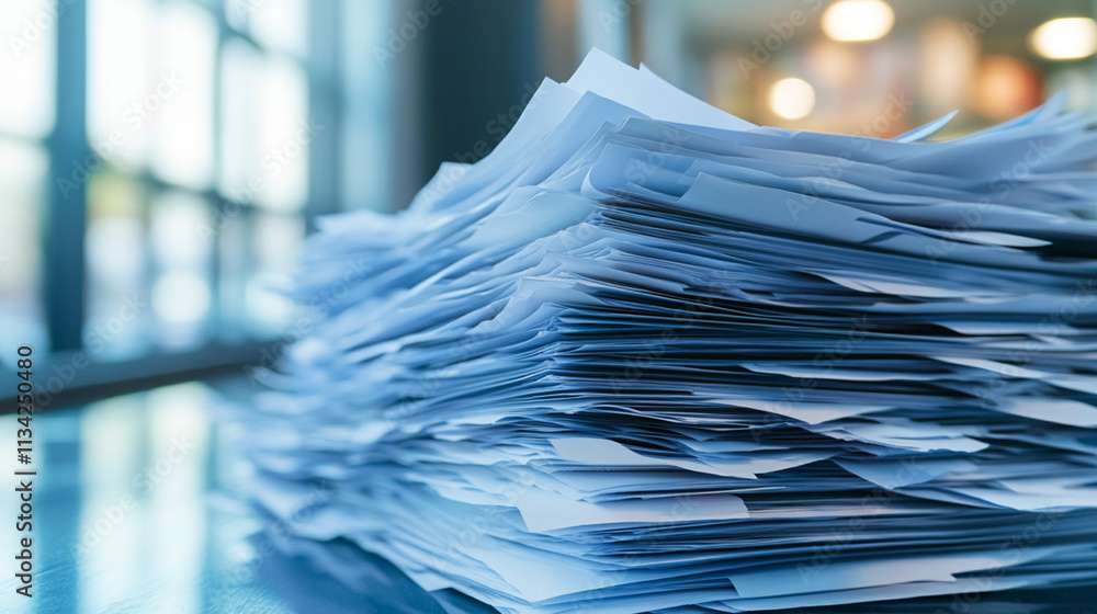 Poster close-up view of neatly stacked paper sheets in bright office environment with soft natural light