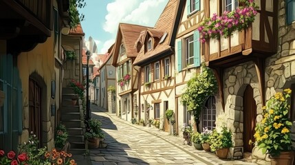 Fototapeta premium Transport yourself to a charming European village with this old-town illustration. The artwork showcases traditional architecture and narrow streets in a picturesque setting.