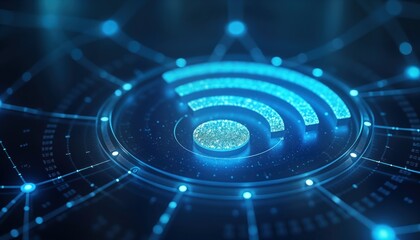 Tech design of wi-fi symbol on deep blue background. Illustrates connectivity. Modern tech theme. Image ideal for tech products, internet services, digital solutions. Creative graphic for tech