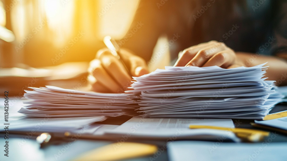 Poster close-up view of hands writing on documents near a stack of papers in a sunlit workspace