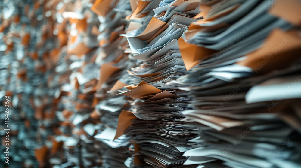 Poster stacks of disorganized paperwork in an office environment creating a chaotic workspace experience