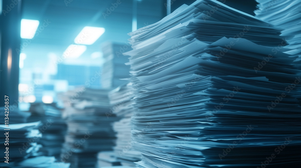 Poster stacks of unorganized papers in a dimly lit office environment with soft glowing background effects