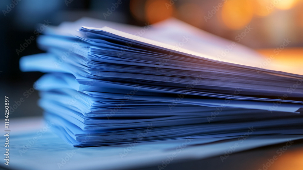 Poster close-up view of neatly stacked paper sheets with soft blurred background for office and business th